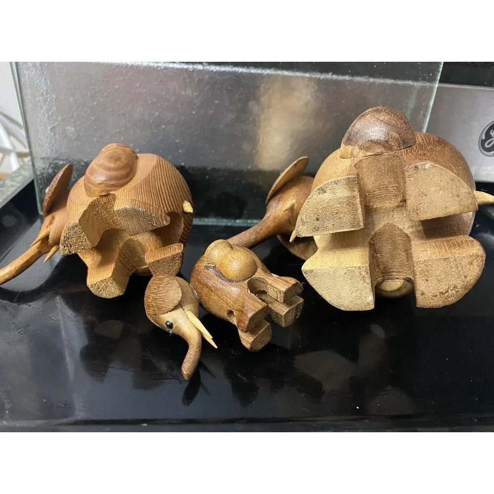 Mid‎ Century Carved Wood Elephant Toothpick Holder Taiwan Set of Three 3 Vintage